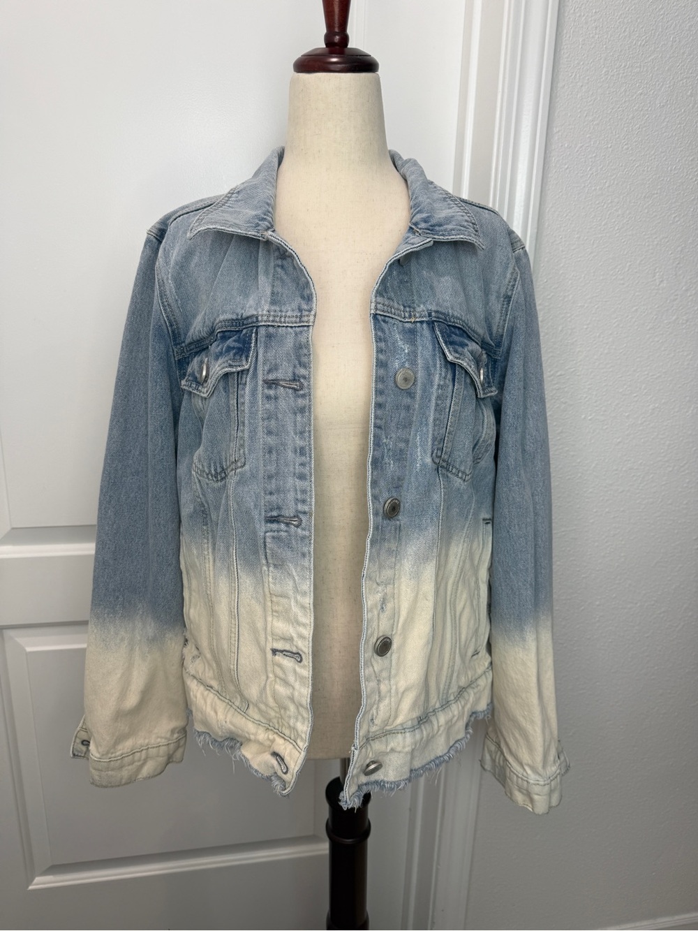 Blank NYC Blue and Cream Bleached Ombre Designed Distressed Denim Jacket